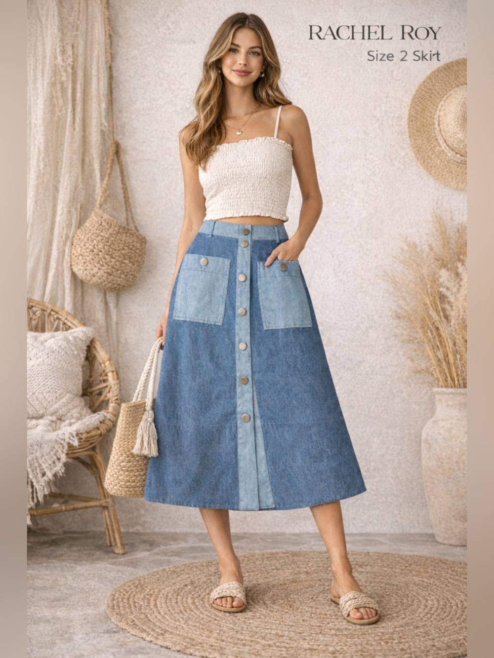 Rachel Roy Chambray Button Front A-Line Midi Skirt 2 Cotton boho coastal casual